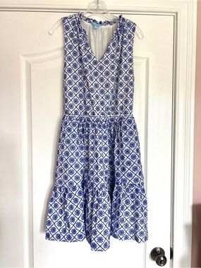 Draper James White & Blue Sleeveless V-Neck Midi Dress